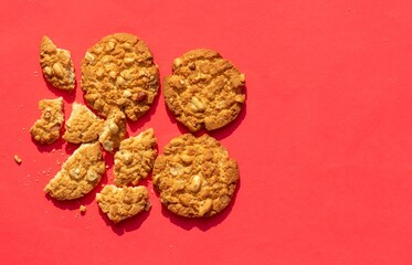 Homemade Peanut Cookies or Biscuit Isolate on Red Background with Copy Space
