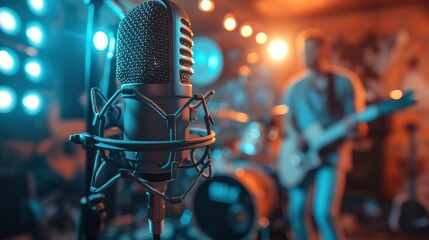 Professional recording microphone in focus with a live band performing in the background, set in a studio with vibrant stage lighting. - obrazy, fototapety, plakaty