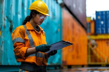 Obraz premium A determined blue-collar worker donning high-visibility gear and a hard hat stands proudly amidst a bustling construction site, showcasing strength and resilience in the face of challenging outdoor w