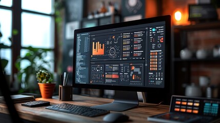 A sophisticated workstation with a monitor displaying intricate data analysis charts, set in a cozy office with natural light.