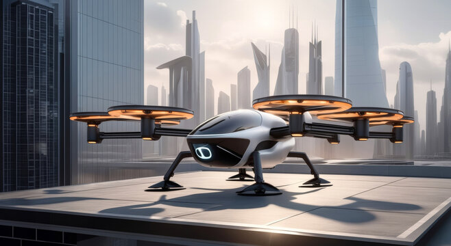 Futuristic VTOL quadcopter lands on helipad on a building roof. New mobility zero emission concept