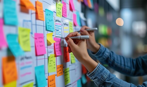 Person organizing tasks using colorful sticky notes on a whiteboard for efficient project management and brainstorming.