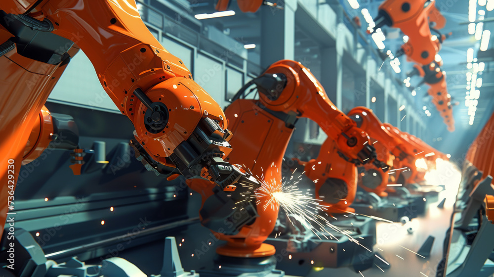 Poster car assembly line with multiple robotic arms actively welding and assembling a car in a modern autom