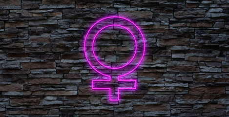 Lila pink neon sign on brick wall Female Gender symbol for your web site design