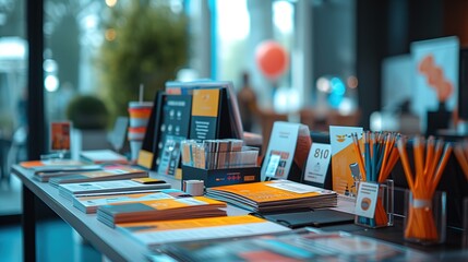 An exhibition stand showcases a variety of marketing materials with vibrant orange branding, ready for event attendees to explore.