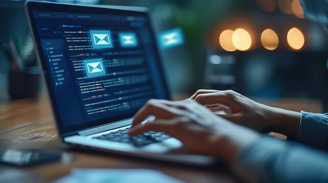 Focused individual typing on a laptop with an email marketing software interface open, highlighting digital marketing strategies. - Powered by Adobe