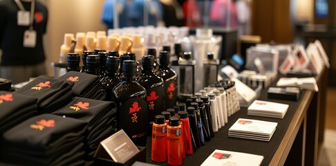 A selection of promotional merchandise, including branded shirts, bottles, and other items, neatly displayed on a table at a corporate event.