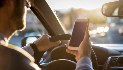 Person behind the wheel uses smartphone while driving. Accident danger and distraction concept