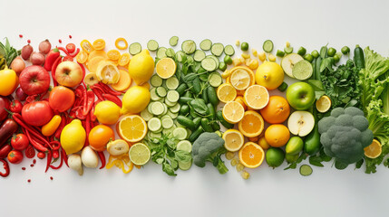 a vibrant display of assorted fruits and vegetables arranged in a gradient of colors from red to green, showcasing a variety of shapes and sizes.