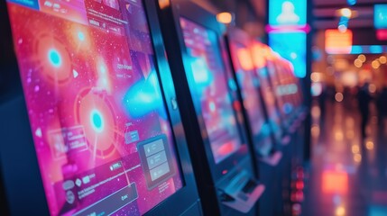 Vibrant neon lights illuminate a lineup of futuristic arcade gaming machines, inviting players to a high-tech entertainment experience. - obrazy, fototapety, plakaty