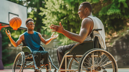 Portrait of a man in a wheelchair playing and enjoying basketball. Example of improvement.