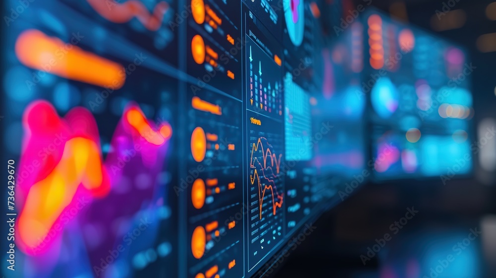 Poster a sophisticated data analysis dashboard with detailed graphs and metrics, indicative of a high-tech 