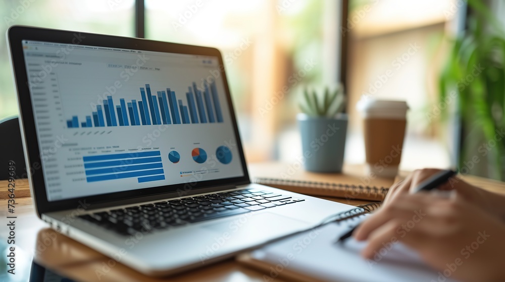 Poster a focused individual analyzes statistical data and charts on a laptop in a bright modern workspace.