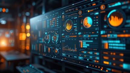 Obraz premium An intricate control panel with glowing dials and advanced data monitoring graphics, embodying high-tech network operations or system management.