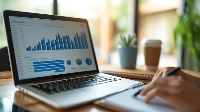 A focused individual analyzes statistical data and charts on a laptop in a bright modern workspace.