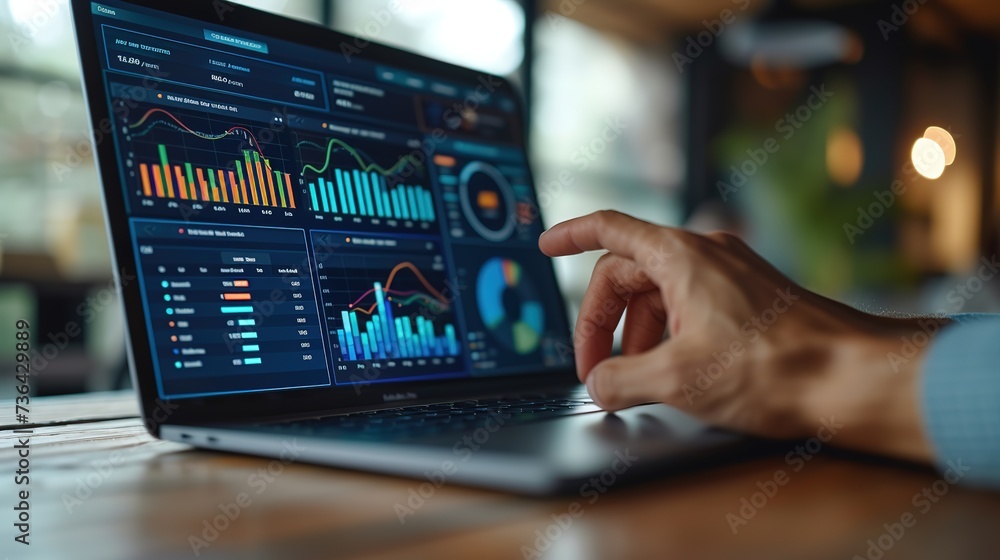 Poster a person's hand is shown analyzing complex financial data and graphs on a laptop, indicating a focus