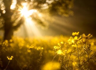 Golden sunlight filters through the branches of a tree, illuminating a meadow of wild yellow flowers