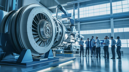 Team of engineers working on high-tech turbine engine in an industrial setting - obrazy, fototapety, plakaty