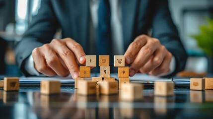 Business professional organizing wooden blocks with strategic icons on a reflective table, conceptualizing business planning and strategy.