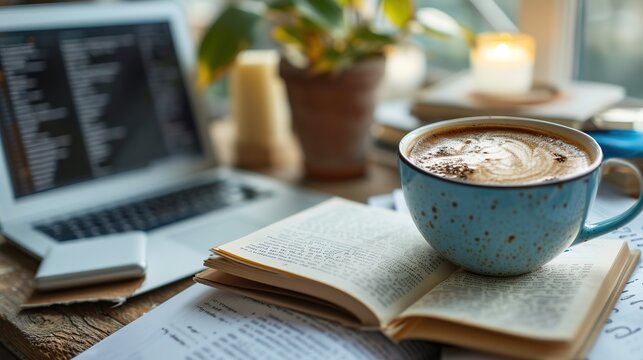 A cozy setup with a hot cappuccino on an open book, next to a laptop with coding screen, evoking a relaxing coding session.