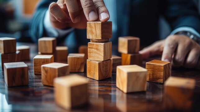 Close-up image of hands meticulously stacking wooden blocks, representing strategic leadership and careful planning in business.