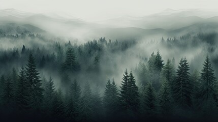 Misty pine forest background. Natural background. Camping. vacation  - obrazy, fototapety, plakaty