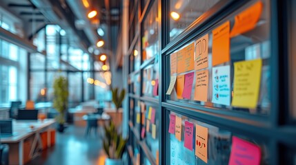 An office with a contemporary design, showing a window covered in various colorful sticky notes used for organizational planning. - obrazy, fototapety, plakaty