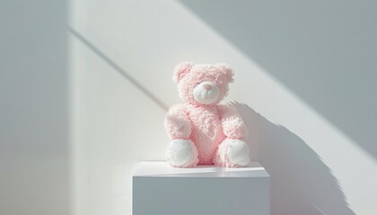 An artfully composed photograph featuring a white and pink teddy bear sitting elegantly on a white pedestal, creating a minimalist yet enchanting scene