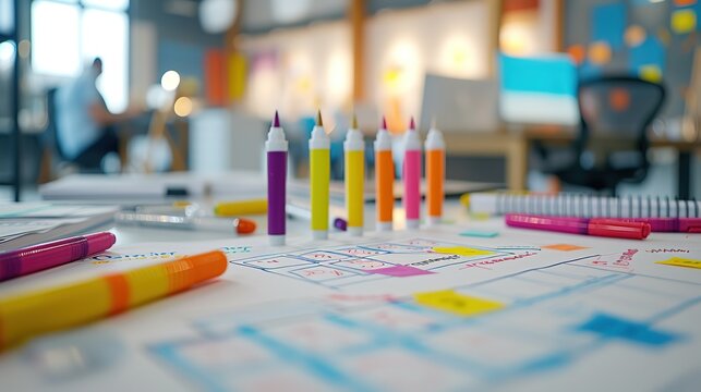 A busy and collaborative workspace showcasing a planning chart with colorful markers, highlighting the creative brainstorming process.