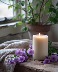 Close up of plants, flowers, candle, near window.
