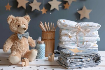 A beloved plush teddy bear sits atop a stack of soft diapers, symbolizing the joys and responsibilities of parenthood