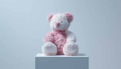 An artfully composed photograph featuring a white and pink teddy bear sitting elegantly on a white pedestal, creating a minimalist yet enchanting scene