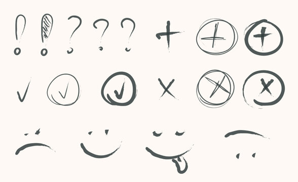 A set of exclamation marks, question marks, plus, minus. Vector illustration for notes, highlighting and underlining in text.