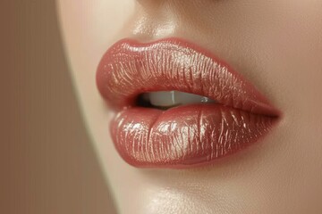 Vibrant cosmetics enhance the natural beauty of a woman's lips, with a mesmerizing closeup capturing the intricacies of her toiletry routine indoors
