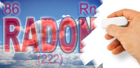 Hand removes radon text with a eraser - Radon one of the most dangerous gas in our home