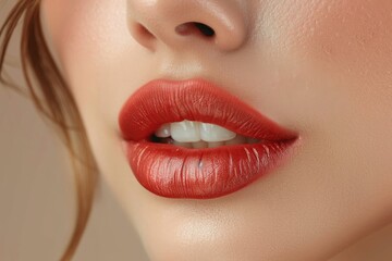 Obraz premium The vibrant red lipstick perfectly accents the woman's flawless skin and enhances her striking eyes, while the subtle hints of mascara, eye liner, and lip gloss add a touch of sophistication to her c