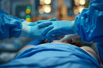 A compassionate medical assistant in blue gloves carefully guides a nervous patient through a complex medical procedure, ensuring their safety and comfort