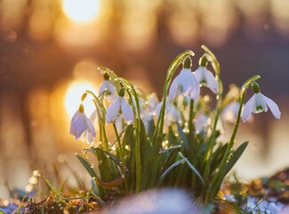 Spring solstice // Spring Equinox on the Forest. Closeup on flowers, with the sun behind.