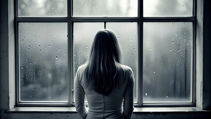 Solitude in Rain: A Reflective Portrait of a Lonely Woman Gazing Through a Raindrop-Streaked Window, Exploring Mental Health and Emotional Wellness