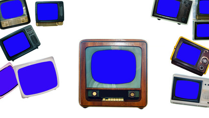 Retro tv with blue screen copy space. The TV set is isolated on a white background. Chroma key TV...