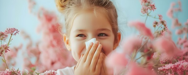 Child with allergies wipes nose due to flowers seeking relief with napkin. Concept Allergy Relief, Flower Sensitivity, Nasal Irritation, Allergic Reactions, Environmental Allergies - obrazy, fototapety, plakaty