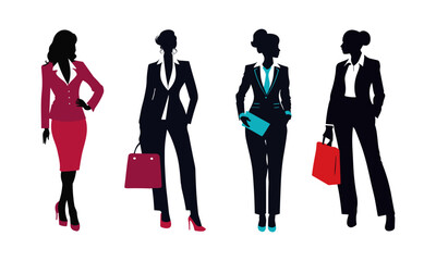 Silhouettes isolated, graphic of businesswomen set vectors, female model wearing official suits and standing in different positions