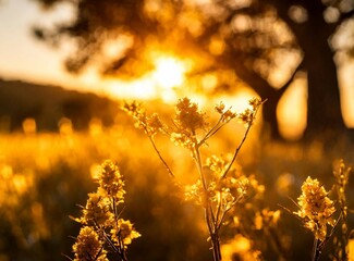 Golden sunlight filters through the branches of a tree, illuminating a meadow of wild yellow flowers