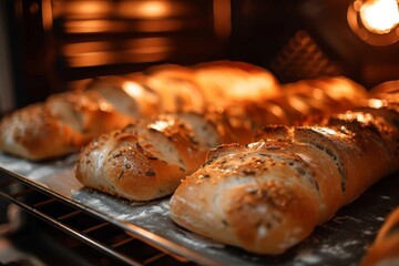 An aromatic display of fresh, gluten-free bread rolls, perfectly baked in a cozy indoor bakery oven