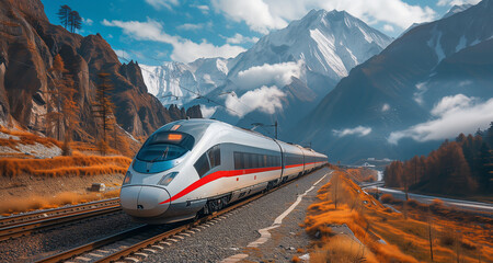 A sleek high-speed train races through the Himalayan mountains - obrazy, fototapety, plakaty