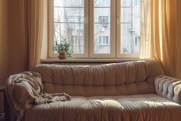 Cozy autumn room interior with sunlight through window