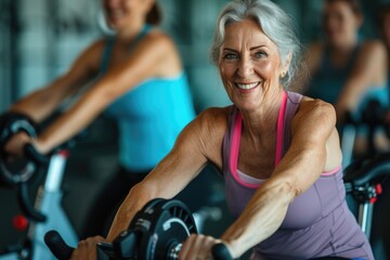 Fototapeta na wymiar Smiling portrait of a senior woman on exercise bike in the gym