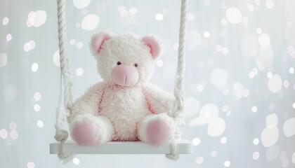An artfully composed photograph of a white and pink teddy bear placed on a white swing, creating a whimsical and dreamy scene against a spotless background
