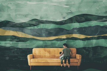 Minimal stylized wallpaper that represent a father with his son under a sofa in a sharing moment in a Denmark landscape - obrazy, fototapety, plakaty