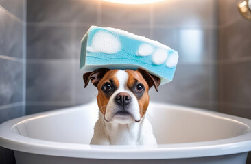 Funny portrait of dog with soap foam on its head while bathing on bathroom. Pet Grooming salon